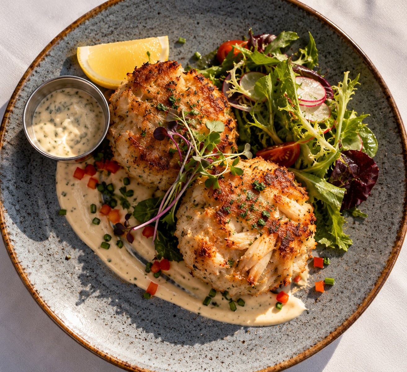 Two golden Dungeness crab cakes with remoulade, lemon and a small green salad
