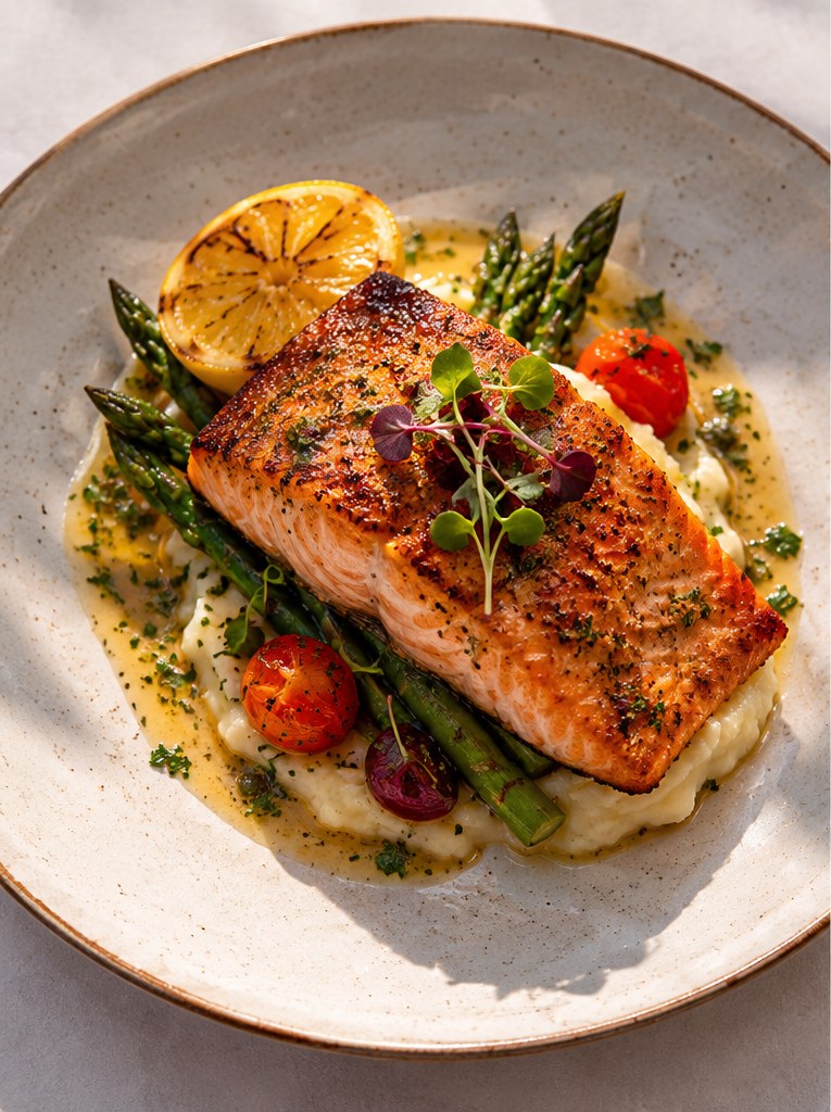 Seared wild sockeye salmon over mashed potatoes with asparagus, roasted tomatoes and grilled lemon